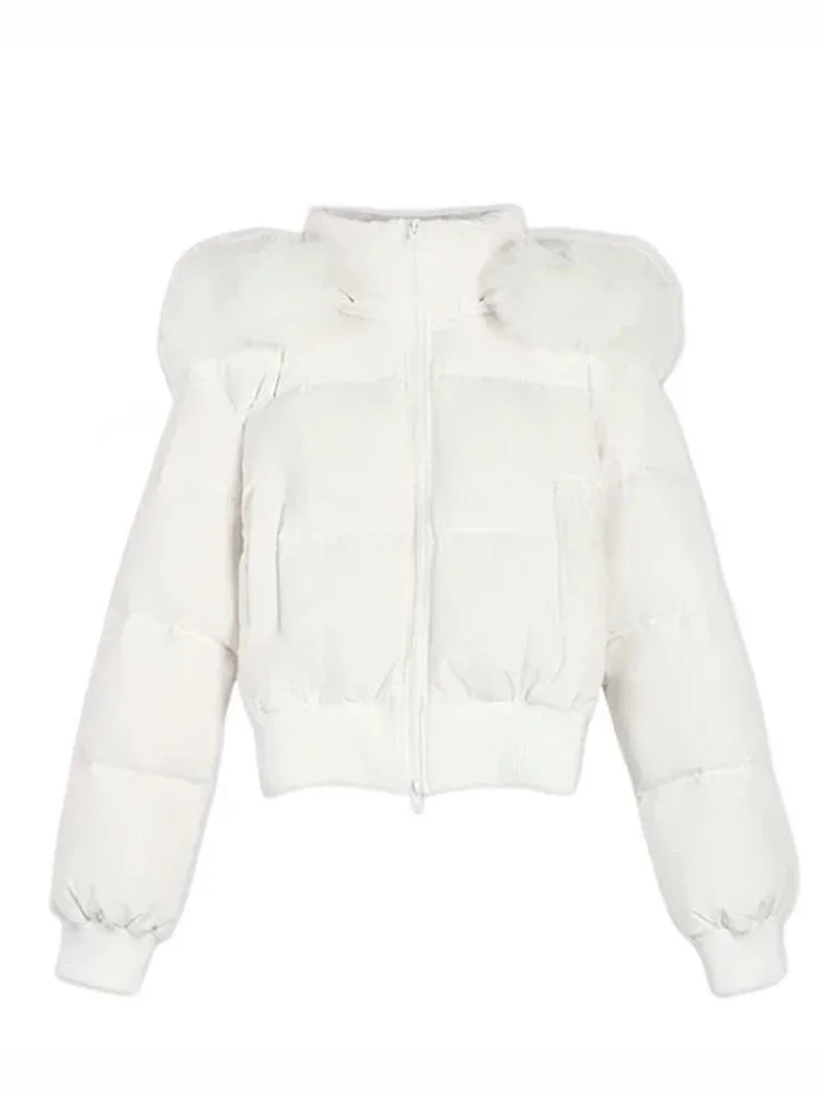 Lady Navy Blue Cropped Hooded Puffer Jacket With Faux Fur Collar Zip‑up Loose Short Cotton Padded Coat Winter Warm Outerwear