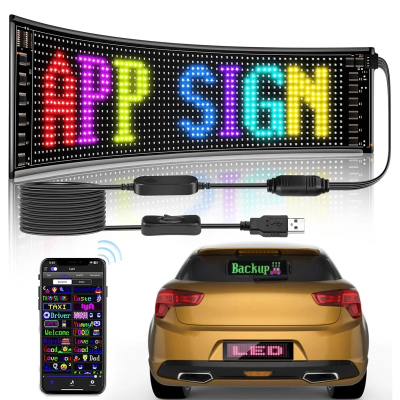 Bluetooth Control LED Car Sign Programmable Flexible Matrix Panel Custom Text Pattern Animation Scrolling Display for Car Window