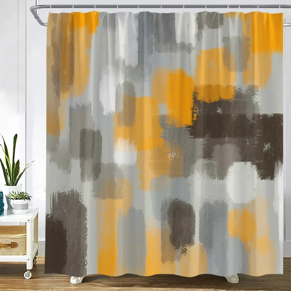 Creative Grunge Style Shower Curtains Yellow Grey White Abstract Painting Art Geometric Bath Curtain Fabric Bathroom Decor Sets