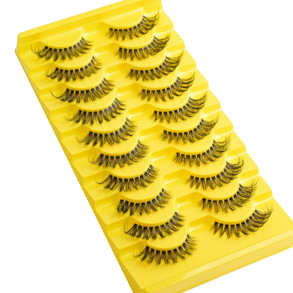 MJ 10 Pairs D Curl Natural Fluffy False Eyelashes Wispy 3D Volume Strip Lashes Fake Eyelashes with Clear Band Eyelash Extension
