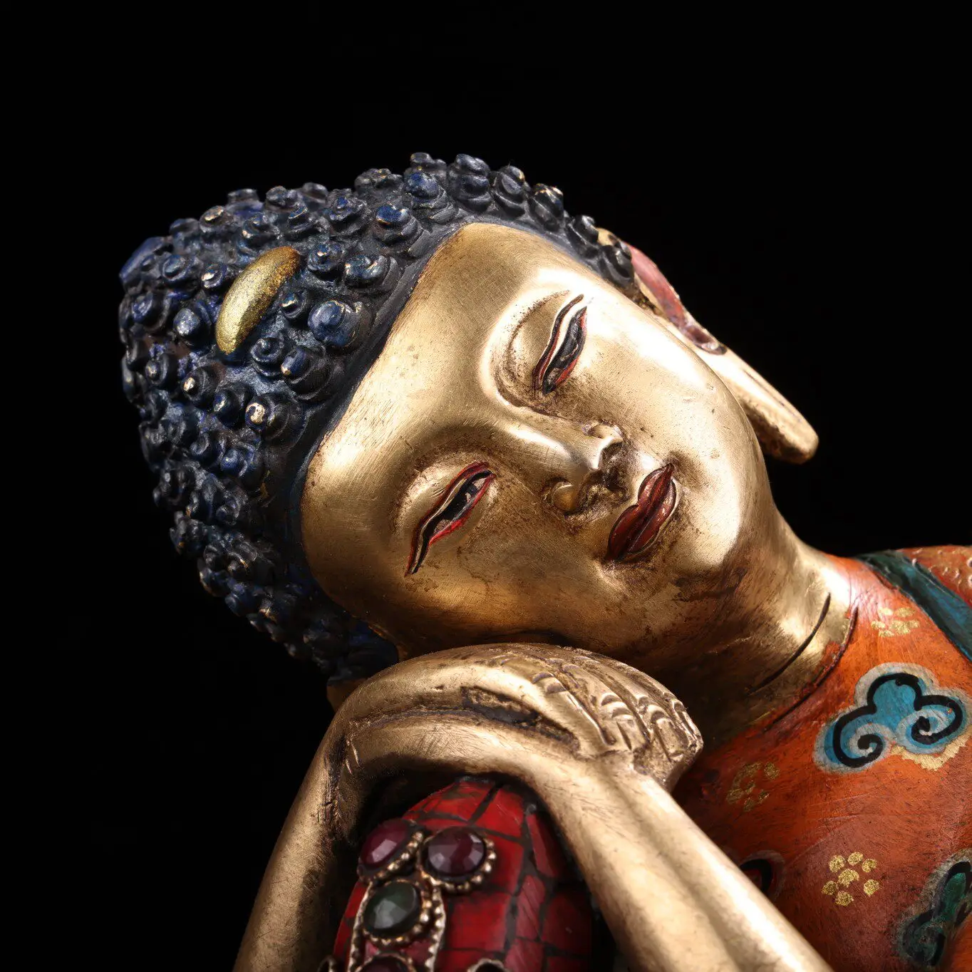 Nepalese Bronze Inlaid Gemstone Painted Gilt Reclining Buddha Statue Serene Face Heavy Patina Fine Craftsmanship Home Decor