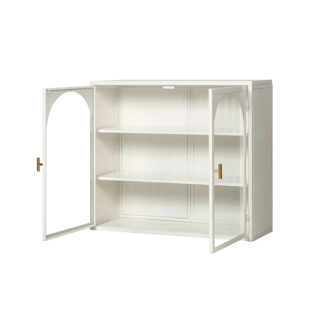 Glass Doors Modern Two-door Wall Cabinet with Featuring Three-tier Storage for Entryway Living Room Bathroom Dining Room