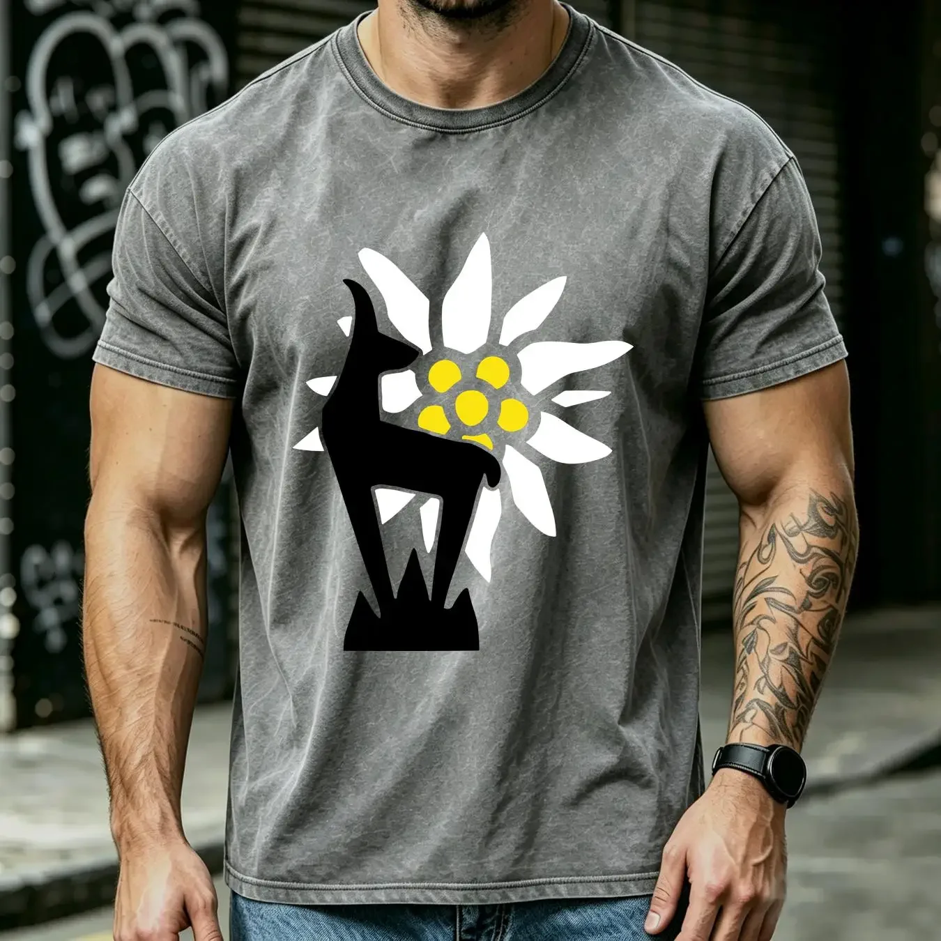 washed T Shirt Mountain Division Hunters Coat of Arms Gams Logo Wh Wk Edelweis 7494 long or short sleeves vintage Washed