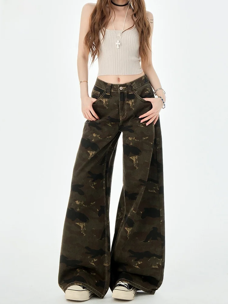 

Американские камуфляжные широкие джинсы High Street, женские летние винтажные свободные брюки с высокой талией небольшого размера без леггинсов