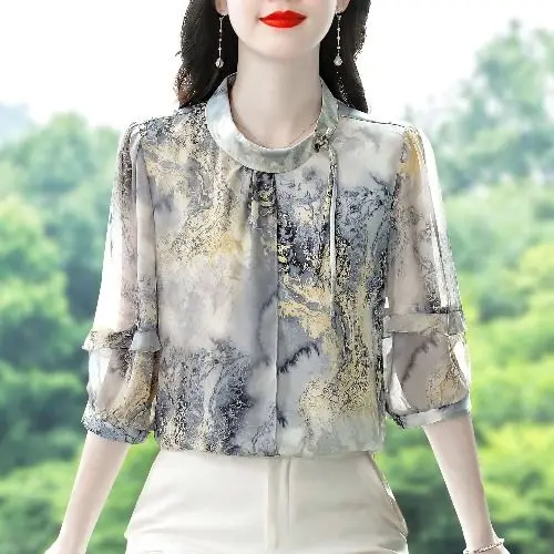 Novo estilo chinês floral chiffon topo manga de cinco quartos estilo nacional feminino verão nova mãe temperamento camisa