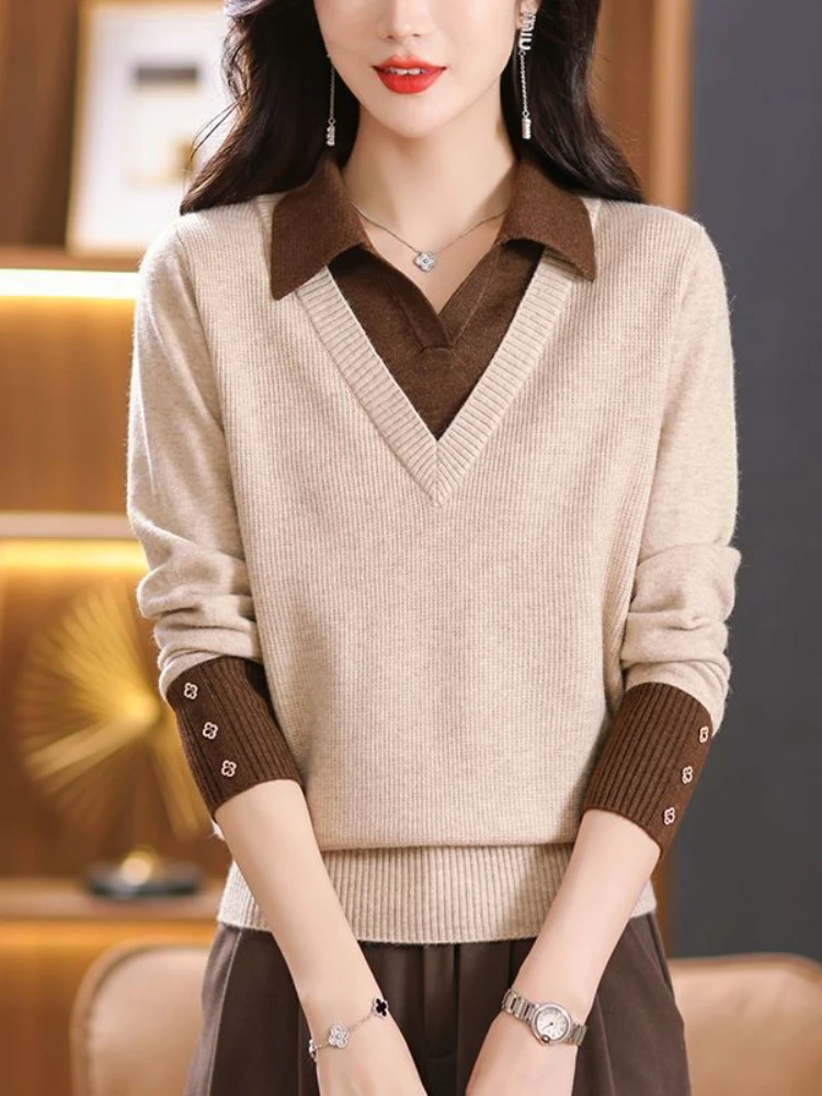 Long Sleeved Knitted Sweater for Women Autumn Winter New Lapel Fake Two-piece Knittwear Color Matching Bottoming Top S-3XL