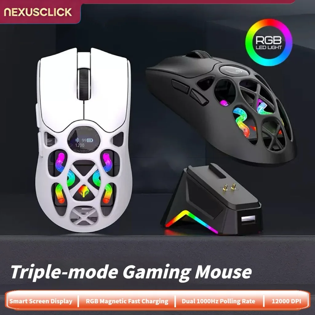 NexusClick Tri-Mode Wireless Gaming Mouse, 2.4G/Bluetooth/Wired 1000Hz 12000DPI RGB Magnetic Charging Dock E-sports Mice for PC