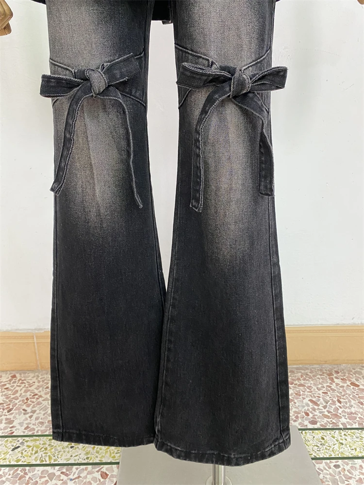 Falda plisada empalmada para mujer, pantalones acampanados negros de pierna ancha, ropa de calle, pantalones Retro de moda, pantalones vaqueros vaqueros de cintura baja para mujer