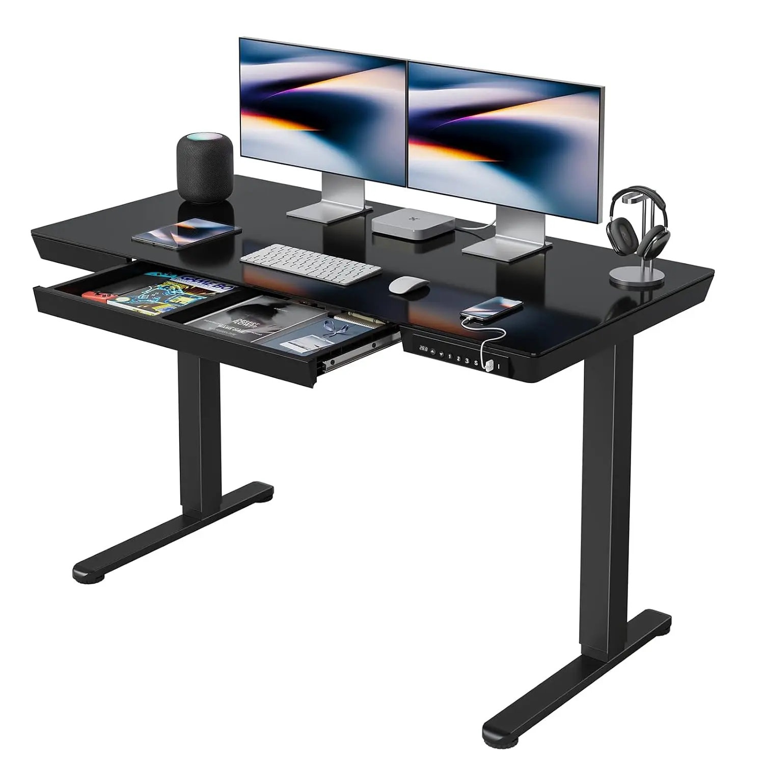 Electric Standing Desk with Drawers, Glass Height Adjustable Sit Stand Desk, Quick Install, 48×24, Black, Customized