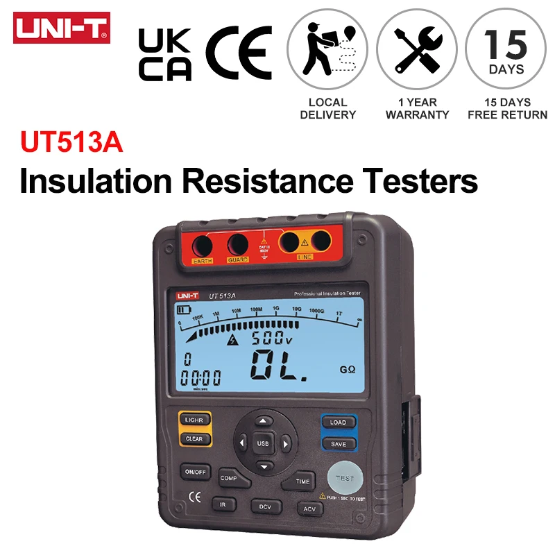 UNI-T Insulation Resistance Tester UT513A 5000V 1000GΩ Ohmmeter 600V AC DC Voltage Tester Data Storage PI DAR Test