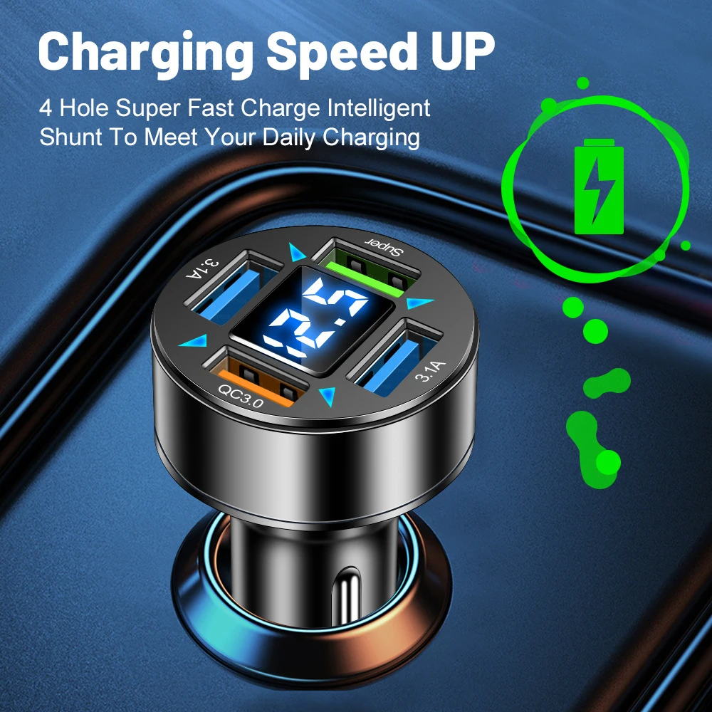 66W USB Car Charger Type-C Fast Charging Auto Phone Adapter Socket in Car for iPhone Samsung Huawei Xiaomi Cigarette Lighter