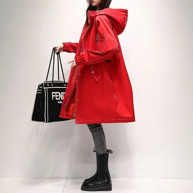 Spring and Autumn Fashion New Women's Windbreaker Coat Loose Hooded Medium Length Commuter Windbreaker