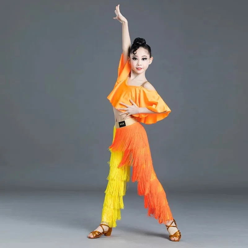 Novas crianças borla roupas de competição de dança latina meninas padrão nacional dança borla calças terno prática roupas desempenho