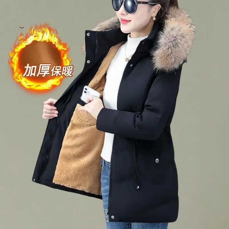 Overcoat Parka Down Cotton-Padded Jacket  Medium Long Winter Coat Add Velvet Cotton-Padded Jacket Fashion Ladies Outerwear