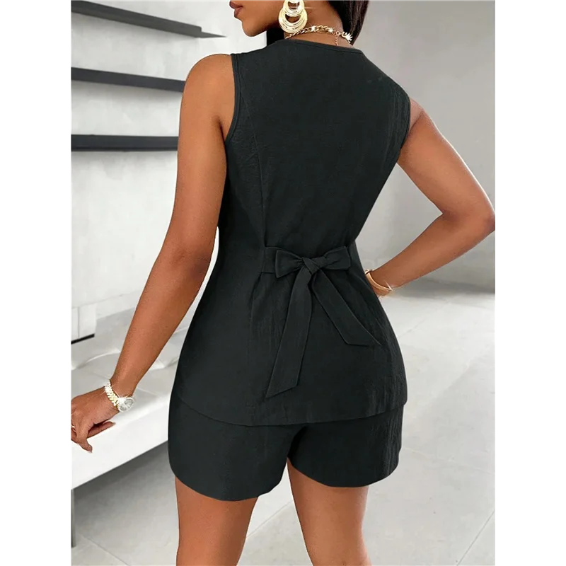 

CGS-Women's Summer 2 Piece Outfits Sleeveless Matching Sets Button Down V Neck Vest Waistcoat And Pockets Shorts
