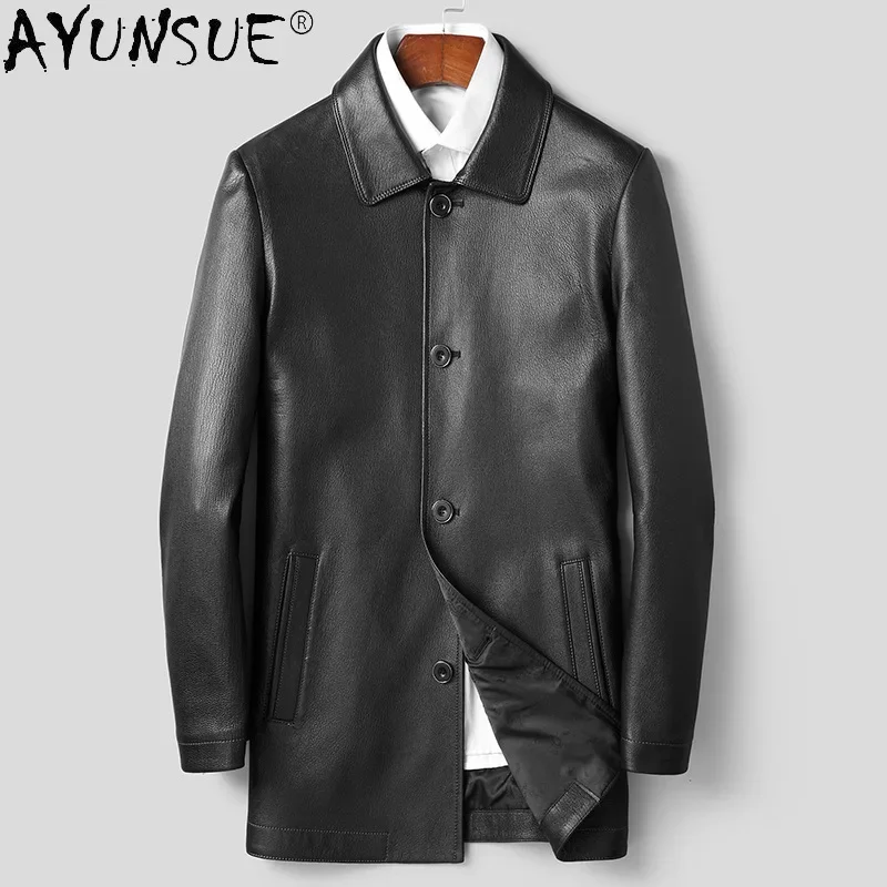 

AYUNSUE Genuine Goatskin Mens Leather Jacket Casual Business Real Leather Coat Men Mid-length Leather Jackets Men's Windbreaker