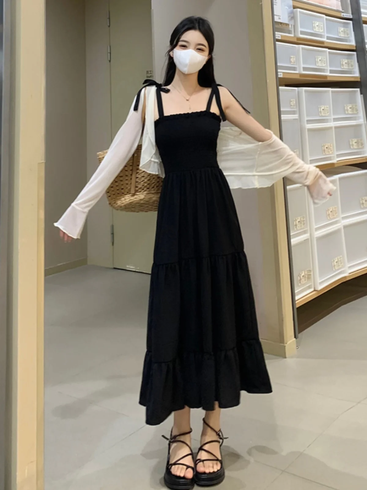 plus Size Summer Strap Dr Women's Bla Skirt Sunscreen Set Slimming Hepburn Sle Casual A-Line Dr Korean Sle