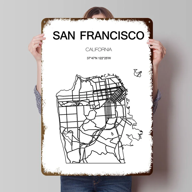 San Francisco City Map Printed Poster Customized Retro Wall Art Vintage Metal Tin Signs for Home Room Accessories Office Decor