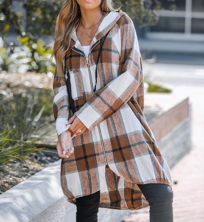 Plaid Pattern Shacket Jacket Zip Up Oversized Longline Shirt Casual Hooded Coats with Pockets 2025 Autumn Winter Fashion Casual