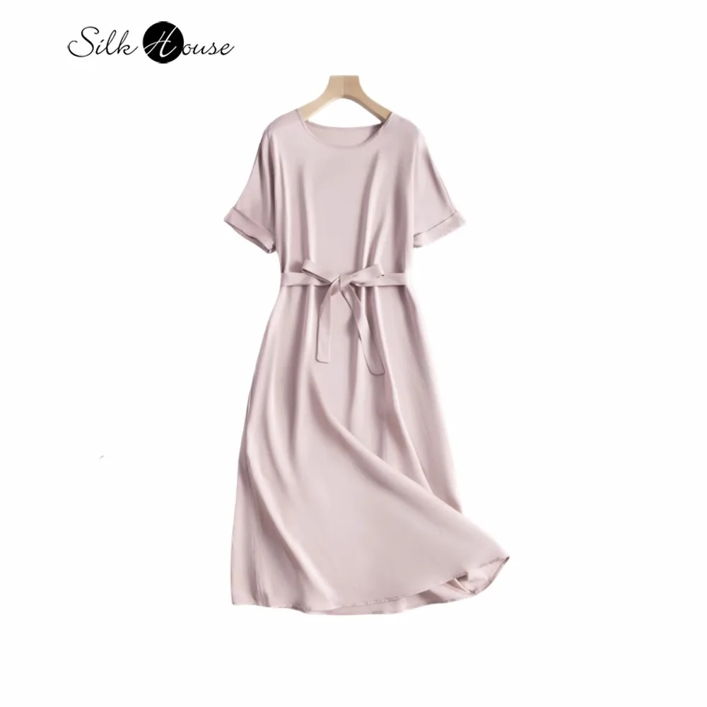 

2023 Women's Fashion Summer 20MM Heavyweight Elastic Double Qiao Satin Round Neck Raglan Sleeves Grey Pink Loose Versatile Dress