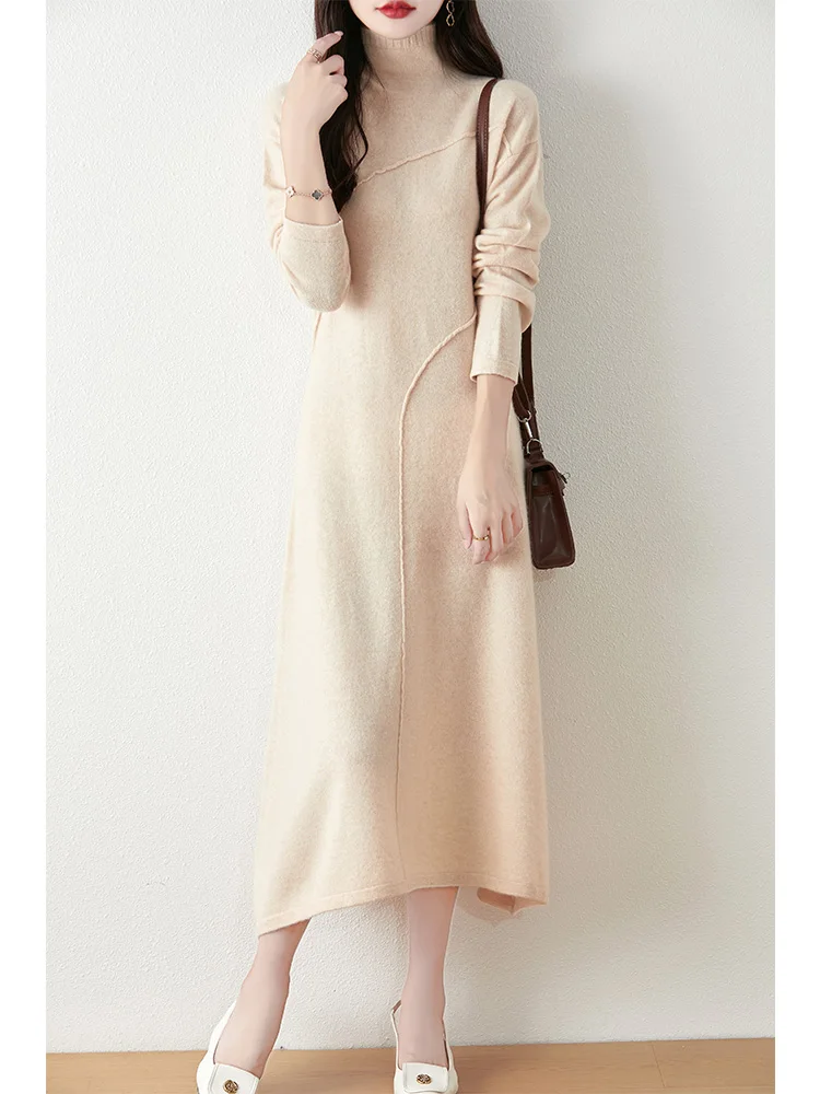 Women's Pure Wool Knitted Long Dress, Half Turtleneck, Irregular, Elegant, Casual, Fashionable, Sweater, 2024 Autumn/Winter