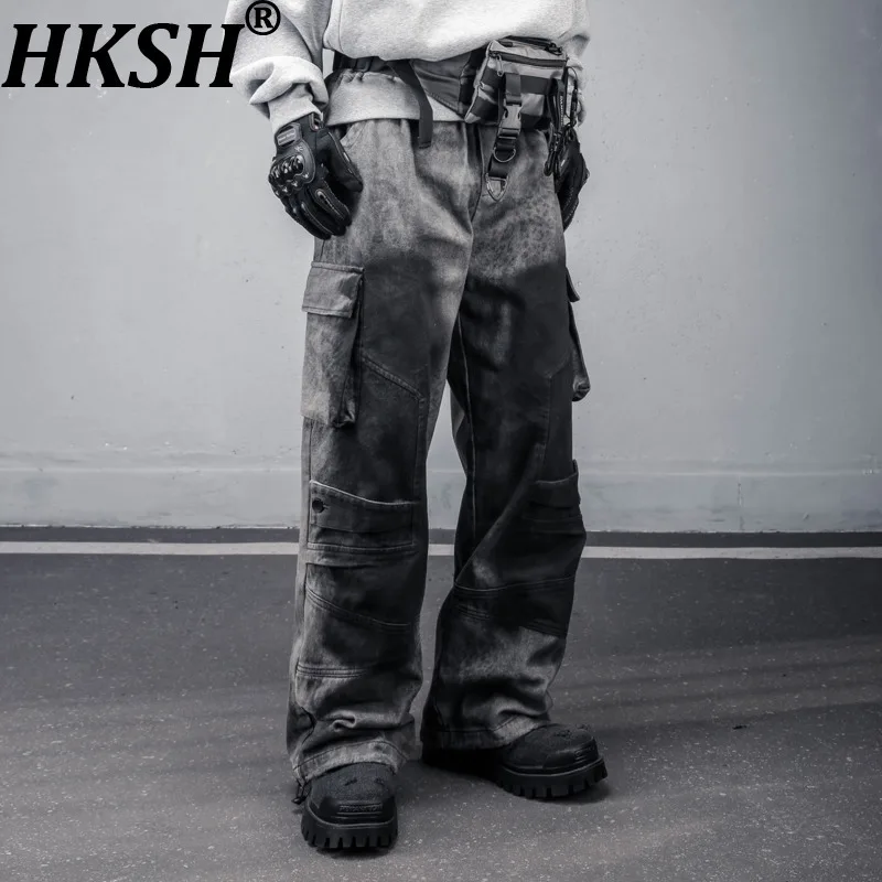 

HKSH Spring Autumn New Men Punk Waste Land American Washed Leopard Print Jeans Pockets High Street Wide-Leg Cargo Pants HK14940