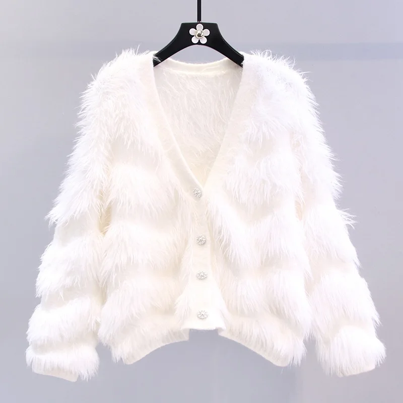Coat Women Shortjacket Vneck Ladies Plush Lamb Wool Imitation Rabbit Fur Furry White Fluffy Winter Coat Wholesale