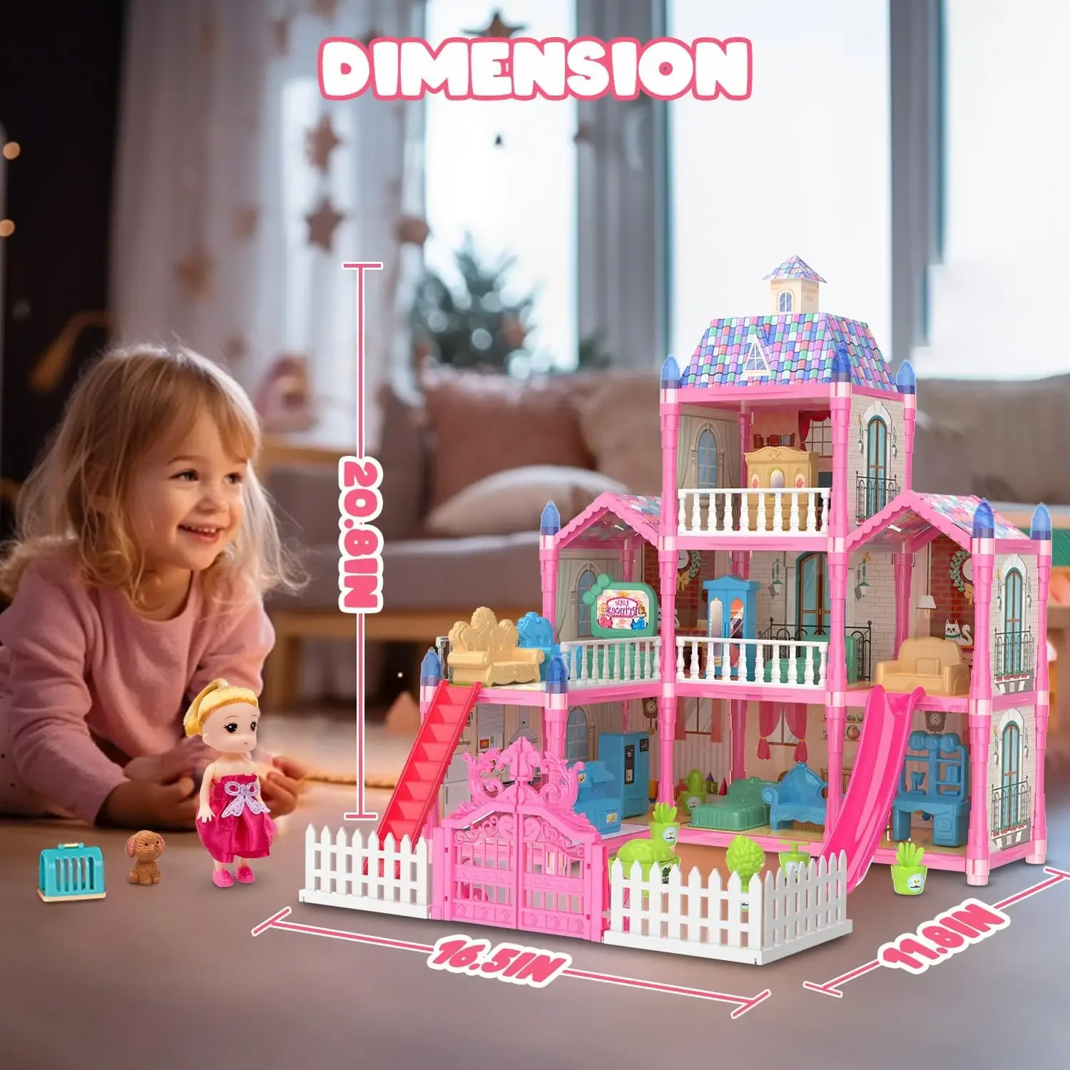 Doll House for Girls 2/8 Rooms Dollhouse with Dolls Figure Furnitures LED Light Toddler Playhouse Chrsitmas Gift for Kids Child