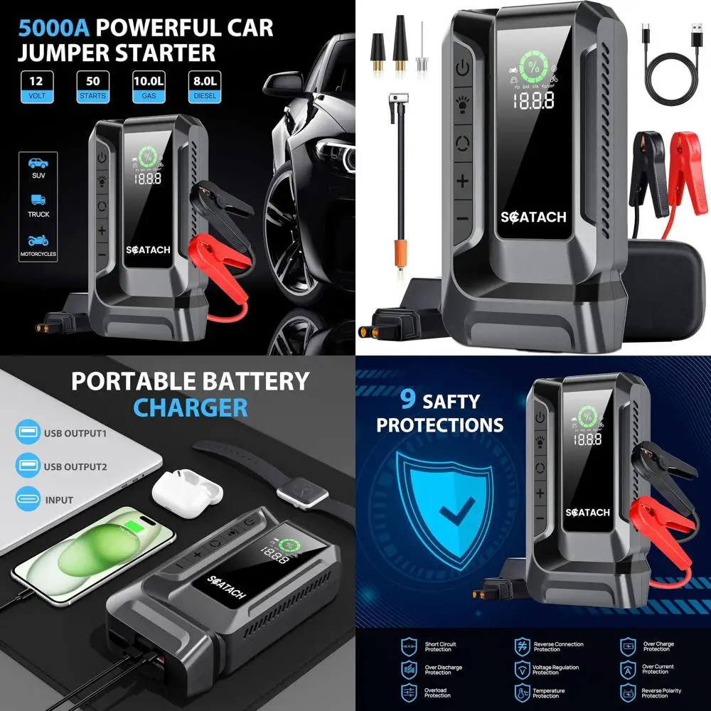 

Q16 5000A Car Jump Starter with Air Compressor, 150PSI Portable Jump Starter Battery Pack (14.0L Gas/12.0L Diesel), with QC3.0,