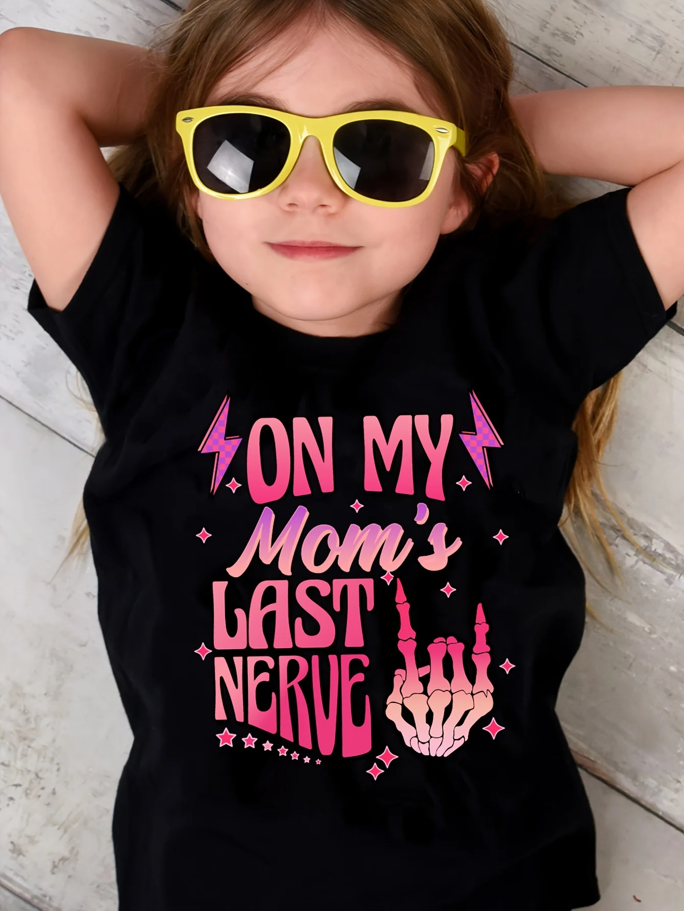 ZON MY * Mom's Last NERVE Pink Skull Palm Print Trendy Casual Round Neck Children's T-shirt Outdoor Casual Parent Child Top