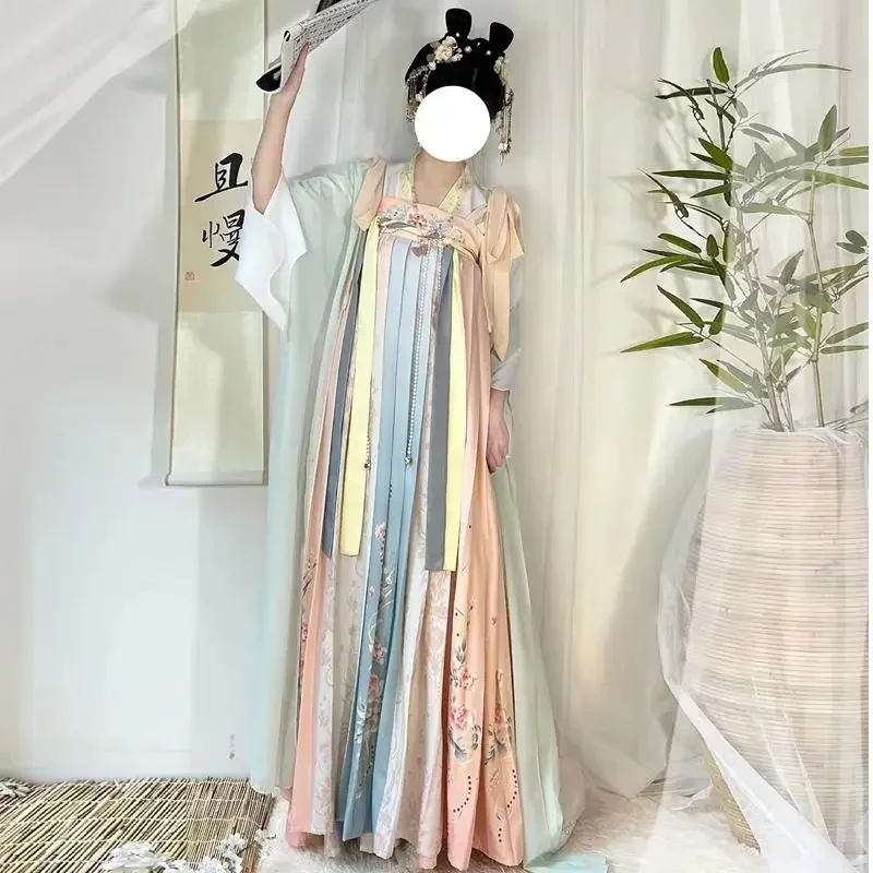 

2024 Ancient Chinese Tang Dynasty Costume Women Han Style Peony Embroidery Flower Print Hanfu Dress Elegant Evening Dress