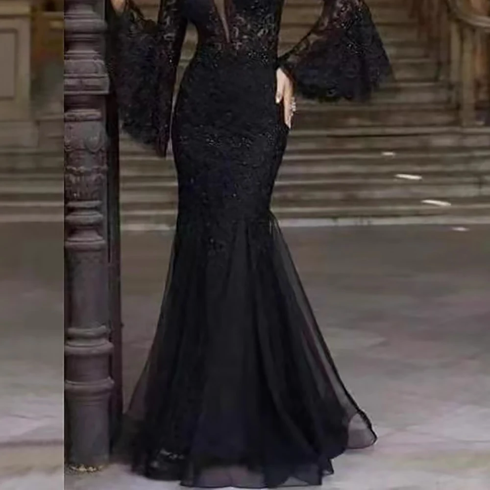 Mulheres rendas em camadas malha elegante vestido de noite transparente manga alargada magro com decote em v maxi vestido fishtail casamento convidado vestido feminino