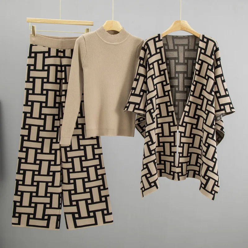 

Autumn and Winter New High-end Temperament Shawl Sweater Set for Women's Fashion Jacquard Three Piece Set