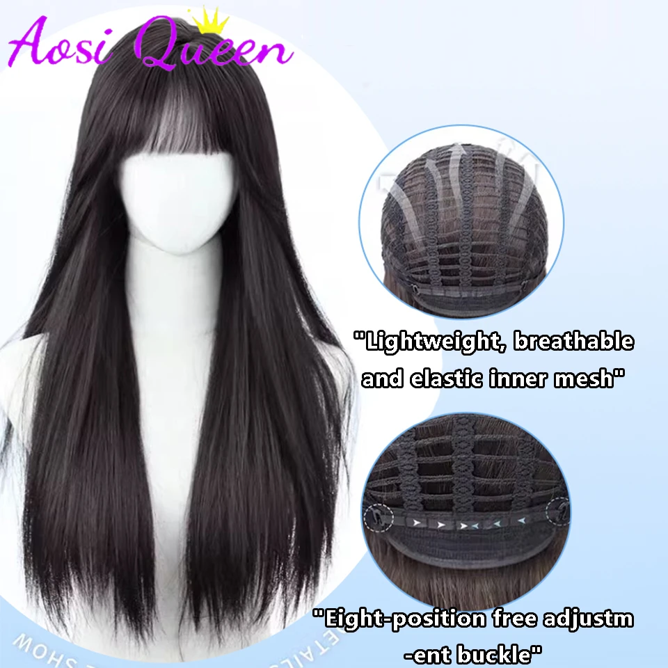 AOSI Synthetic Wig Female Air Bangs Long Hair Lolita Long Straight Hair COS Daily Heat-resistant Chemical Fiber Wig