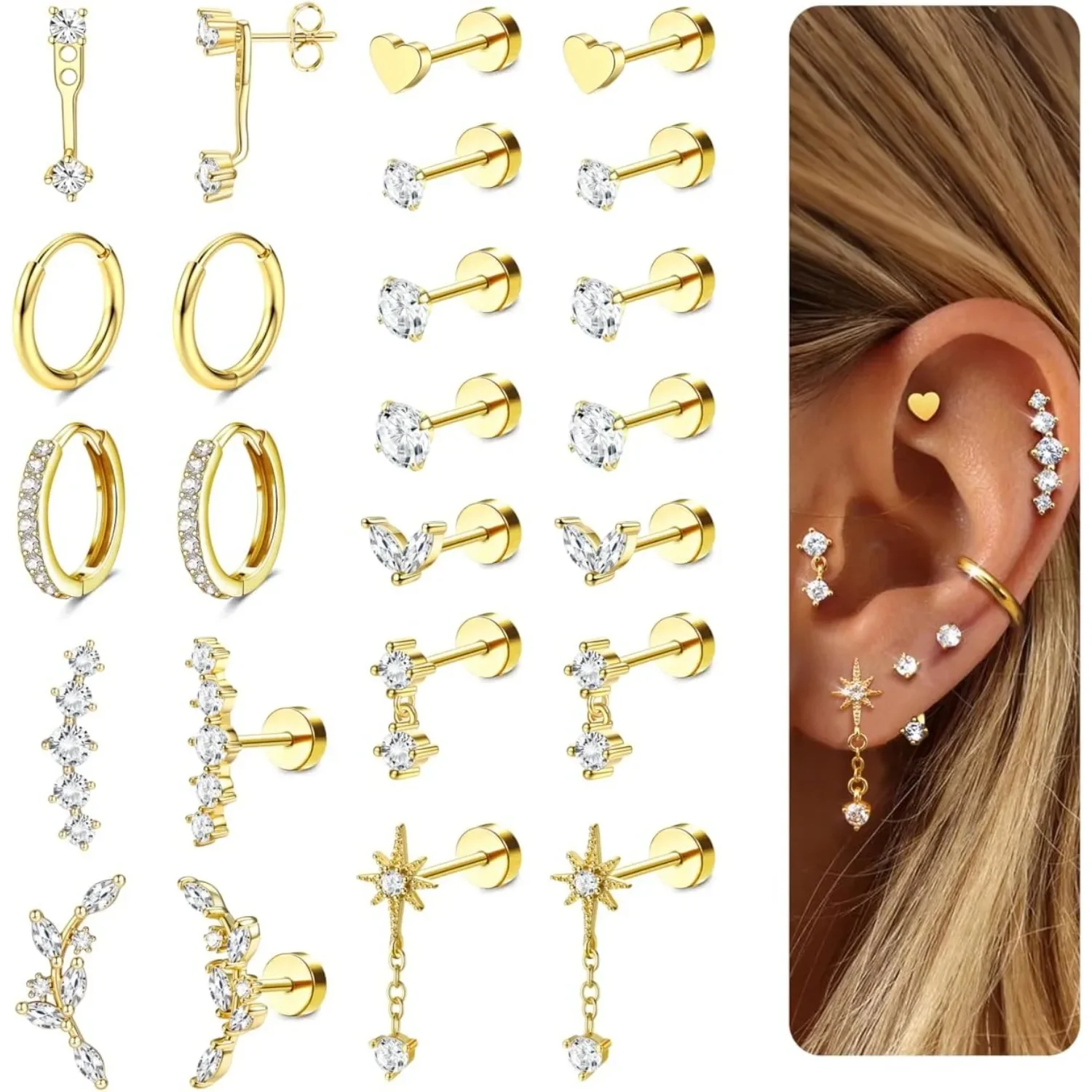 Hypoallergenic Flat Back Earrings-Cartilage Earring Stacks-Surgical Steel Earrings for Sensitive Ears - Small Stainless Steel Flatback Stud Hoop Earring Sets for Helix Tragus Conch Daith Multiple Piercing Jewelry Trendy