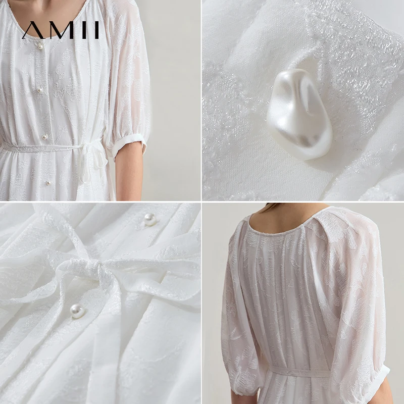 AMII Beżowa Sukienka Wakacyjna 2025 Lato Biurowa Damska Pasek Szyfon Koraliki Guziki Linia A Okrągły Dekolt Fairycore Sukienki 12542143