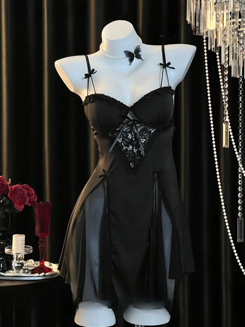 

Сексуальное и легкое роскошное платье для сна с лямкой на груди и подушкой на груди, женская кружевная лоскутная сетчатая прозрачная униформа с открытой спиной