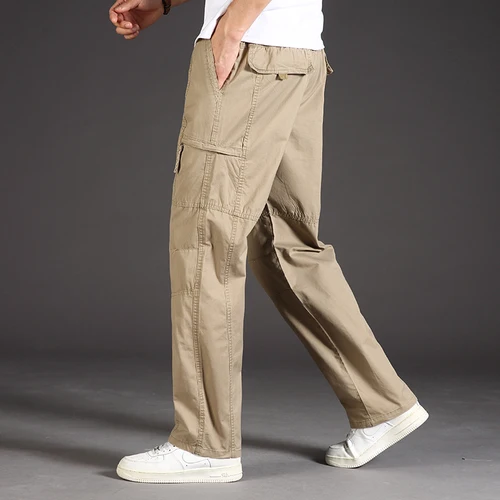 Imagen 2 del producto Pantalones Cargo informales clásicos para hombre, bolsillos con cremallera, grandes y altos, trajes deportivos para exteriores, pantalones caqui y gris
