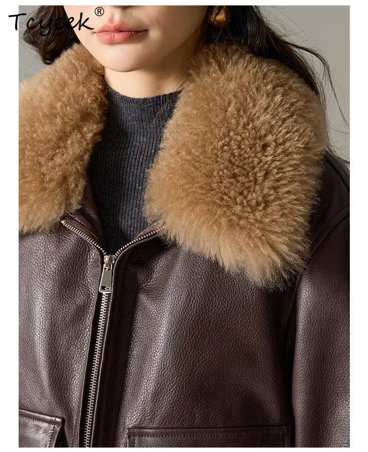 Tcyeek Natural Sheepskin Leather Jacket Women Winter Clothes 90% White Goose Down Liner Detachable Coats Woman Cashmere Collar