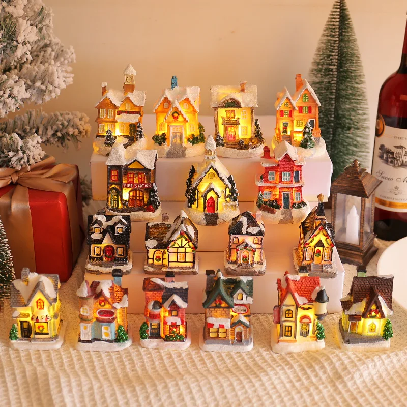 

2026 Christmas Village Decorations Colorful Luminous Resin Cabin House Desktop Ornament For Home Party Christmas Decorative Gift