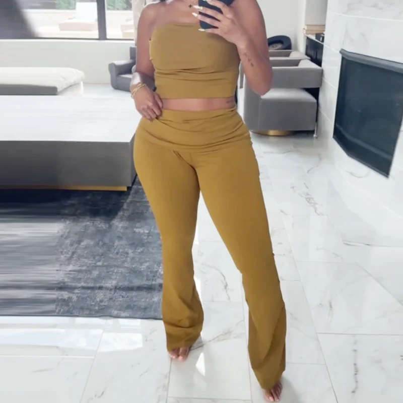 Hxao verde oliva conjuntos de calças finas femininas duas peças conjunto colheita fora do ombro babados tubo superior outfits meados de cintura flares calças conjuntos