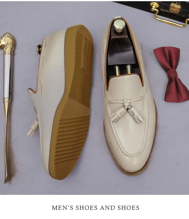 Men's Cream White Tassel Loafers Lightweight Rubber Sole Leather Slip-On Shoes for Casual Business Daily Office and Weekend Wear