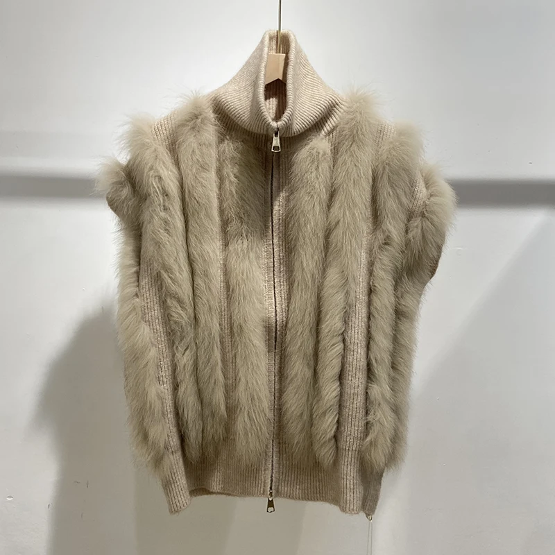 Korea Style Autumn Girl's Khaki Real Fox Fur Decoration Sleeveless High Collar Sweater Knitted Waistcoat Mandarin Collar Vest
