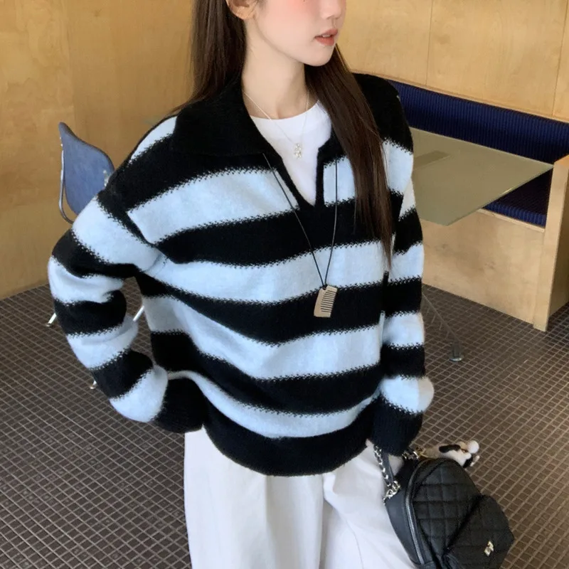 

Turn Down Collar Striped Patchwork Color Block Knitted Sweater Women Loose Daily Commute Versatile Lazy Style Autumn Pullover