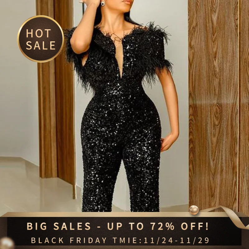 

Sexy Sequinis Women Jumpsuits One Piece Party Christmas Chic Club Long Rompers Fashion Tassel High Waist Jumpsuits African