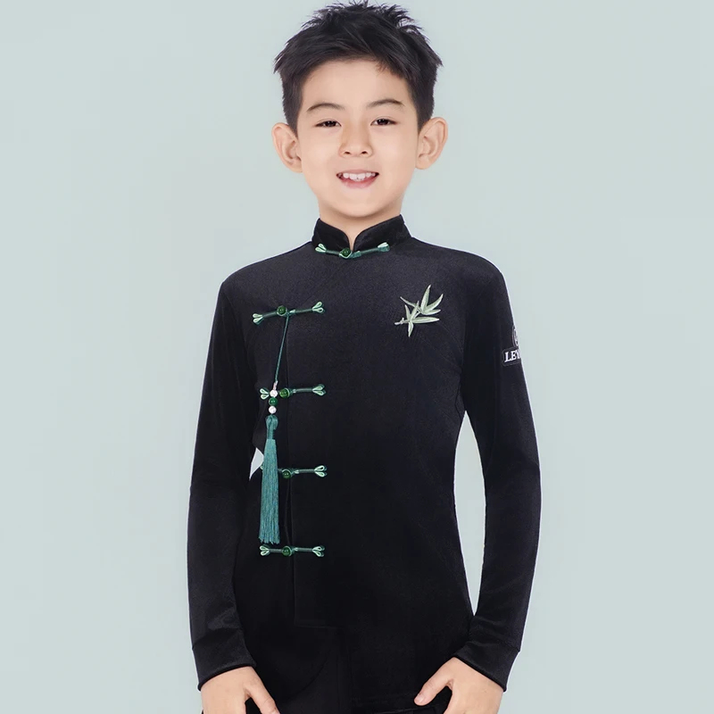 

Новинка 2023 года, топы для латинских танцев для мальчиков, бархатные рубашки с длинными рукавами, одежда для самбы, чачи, танго, детская одежда для занятий латинскими танцами DQS21163