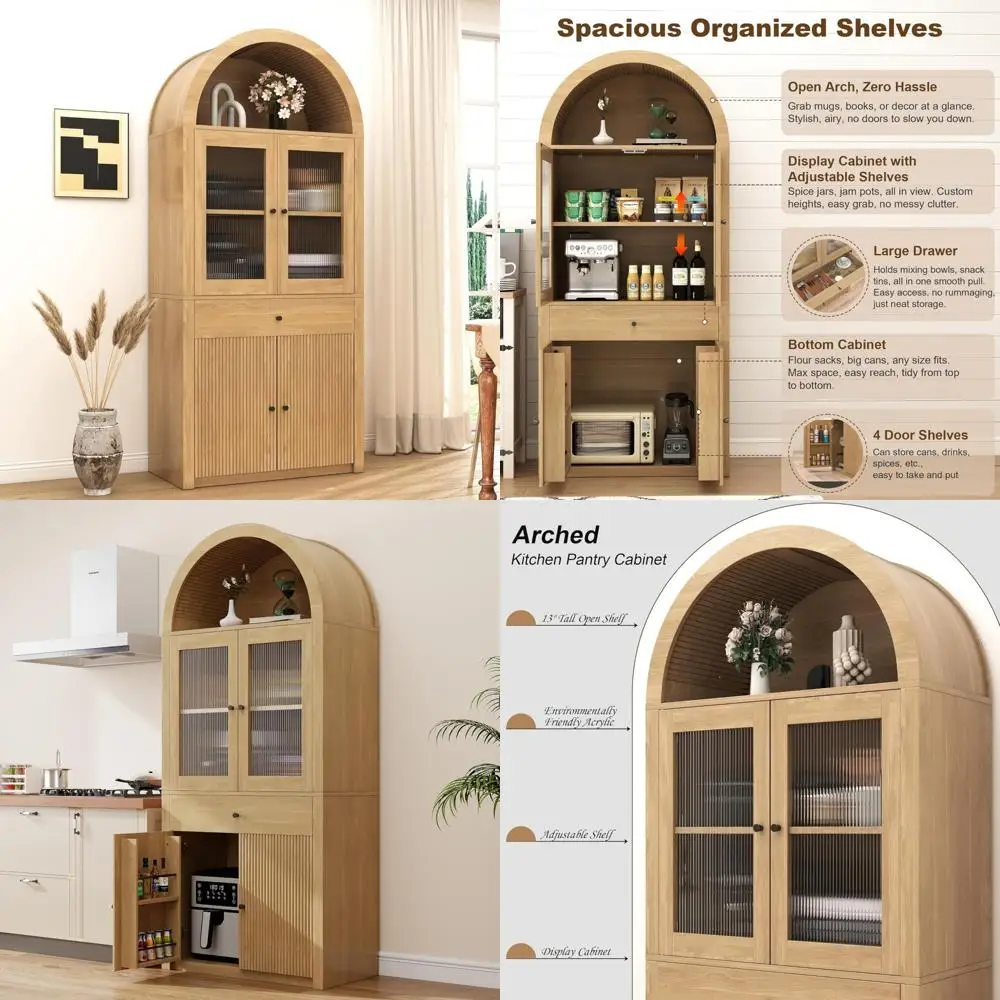 خزانة مطبخ طويلة على طراز المزرعة مع أدراج، 4 أبواب، أرفف قابلة للتعديل للتخزين