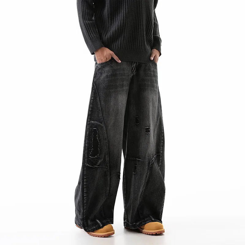 Korean Retro Plus Size Ripped Jeans Men'S Wide Leg Curved Pants Fashionable Casual Loose Straight Leg Pants