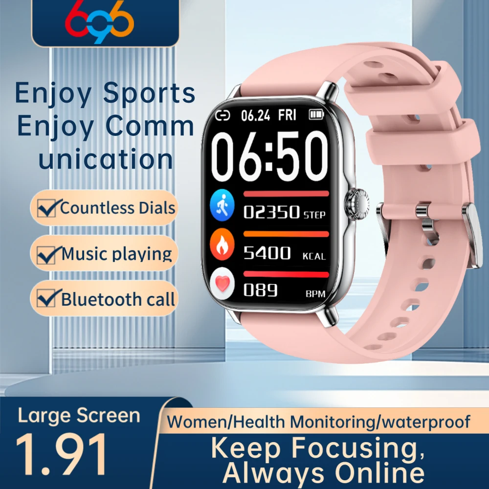 

1,91-дюймовые умные часы для женщин/мужчин, синий зуб, мониторинг сердечного ритма, спортивные умные часы, напоминание о сообщениях, водонепроницаемая музыка