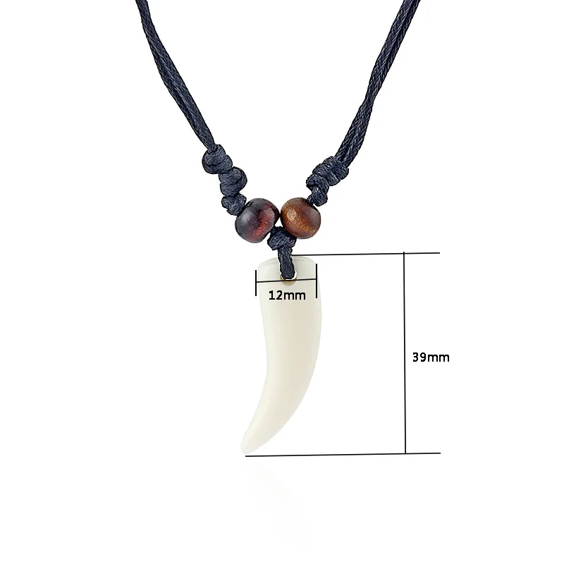 12pcs Immitation Yak Bone Wolf Tooth Charms Pendant Necklace Wood Beads Black Wax Cord for Men Women Surfer Jewelry